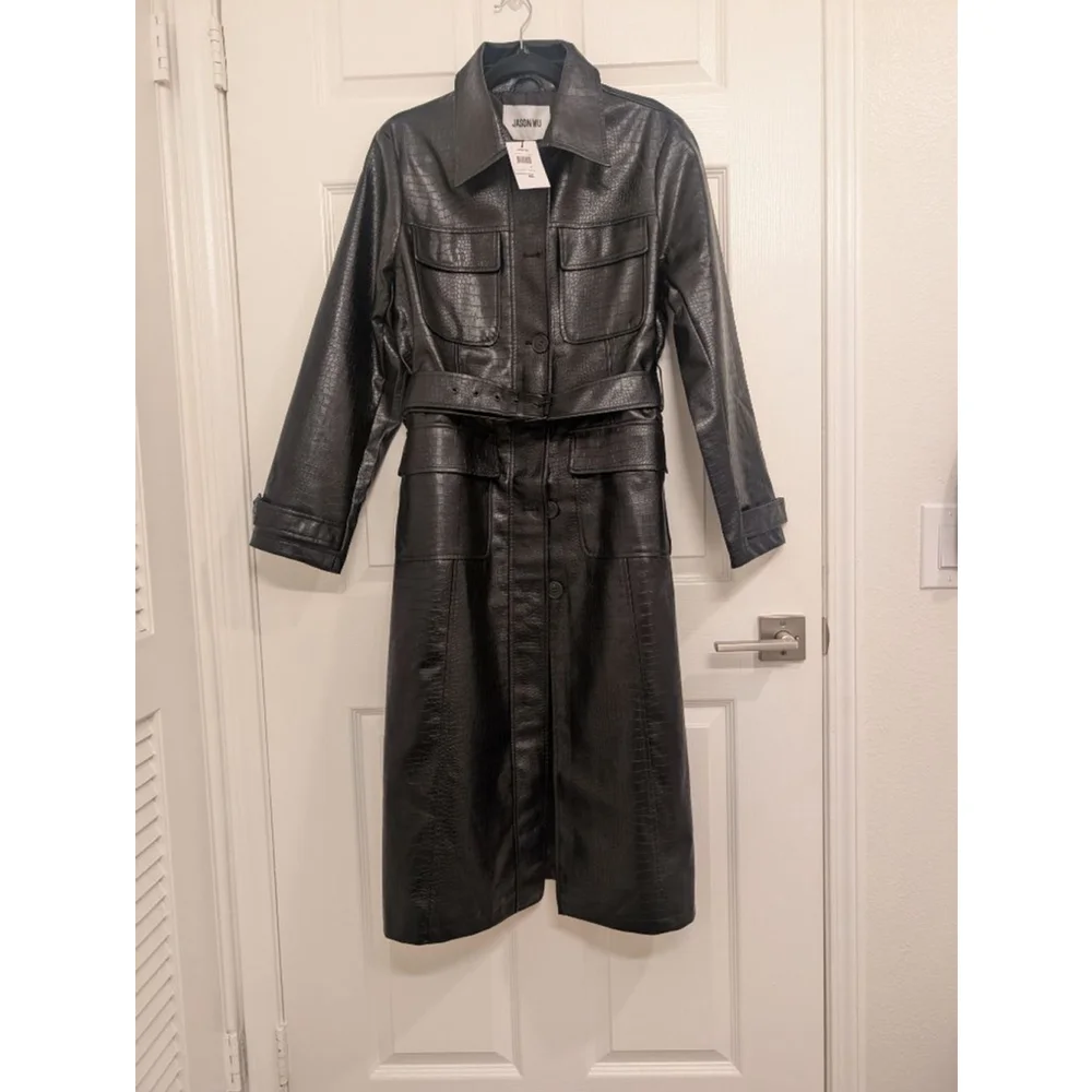 NEW Jason Wu Black Croc Embossed Faux Leather Long Trench Coat M Edgy Jacket